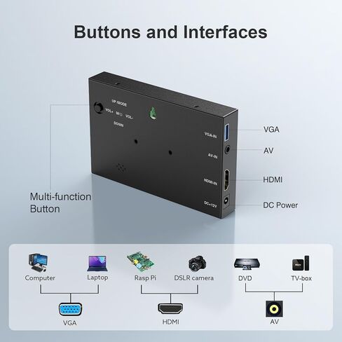 شاشة 5 بوصة، شاشة IPS LCD صغيرة مقاس 800 × 480، هيكل معدني، شاشة فيديو كاميرا صغيرة بزاوية عرض 140 درجة مع مدخلات HDMI/AV/VGA متوافقة مع كاميرا DSLR للكمبيوتر المحمول، DVD DVR CCD in Kuwait