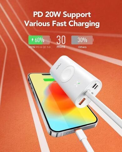 شاحن محمول لساعة Apple & iPhone، بنك طاقة 10000 مللي أمبير في الساعة 20 وات PD شحن سريع حزمة بطارية متوافقة مع Apple Watch Series Ultra/8/7/6/Se/5/4/3/2/1/iPhone14/14 Pro Max/13/ 12- أبيض in Kuwait