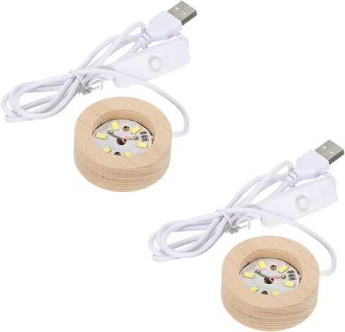 MECCANIXITY LED حامل كروي خشبي يعرض قاعدة 5 × 2 سم ضوء أبيض مفتاح USB مستدير لحزمة كريستال الكرة الحجرية من 2 in Saudi Arabia