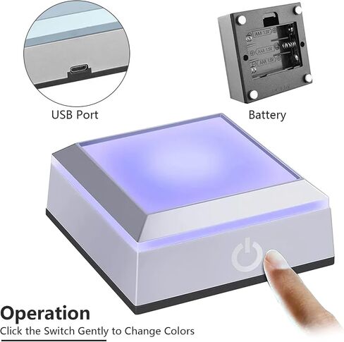 قاعدة إضاءة LED متعددة الألوان لفن الزجاج الكريستالي ثلاثي الأبعاد، حامل عرض مربع مضاء ملون مع مفتاح لمس حساس، يعمل بالبطارية/USB، سطح علوي مسطح in Saudi Arabia