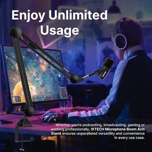 IXTECH Microphone Boom Arm Stand, Heavy Duty Adjustable Mic Stand with Cable Ties, Desk Mount Arm Stand for Gaming Streaming Podcasting (LARGE). in Saudi Arabia