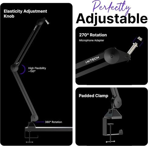 IXTECH Microphone Boom Arm Stand, Heavy Duty Adjustable Mic Stand with Cable Ties, Desk Mount Arm Stand for Gaming Streaming Podcasting (LARGE). in Saudi Arabia