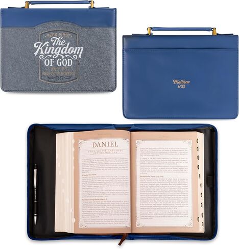 Christian Art Gifts Vegan Leather Fashion Bible Cover Carry Case for Women: Seek First the Kingdom of God - Mat. 6:33 Inspirational Scripture Verse w/Pockets, Pen Storage & Gold, Metallic Blue, Medium in Saudi Arabia