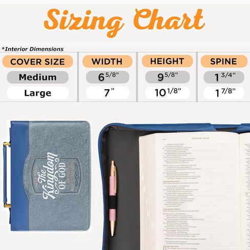 Christian Art Gifts Vegan Leather Fashion Bible Cover Carry Case for Women: Seek First the Kingdom of God - Mat. 6:33 Inspirational Scripture Verse w/Pockets, Pen Storage & Gold, Metallic Blue, Medium in Saudi Arabia