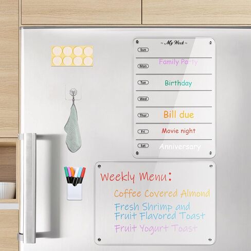 9 × 13 لوح مسح جاف أسبوعي شفاف للثلاجة قطعتين من الأكريليك المغناطيسي للمسح الجاف للثلاجة والتقويم الأسبوعي ولوحة بيضاء للمطبخ in Kuwait