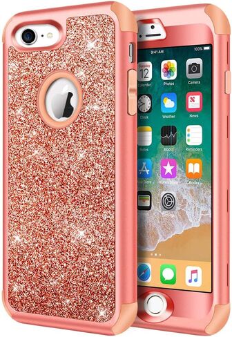 حافظة Hython مصممة لهاتف iPhone 8، وiPhone 7، حافظة حماية شديدة التحمل لكامل الجسم، غطاء صلب متلألئ لامع من المطاط الهجين المقاوم للصدمات لهاتف iPhone 7 وiPhone 8، ذهبي وردي in Saudi Arabia