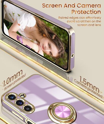 جراب Dretal لهاتف Samsung Galaxy A15 5G، واقي شاشة، حامل حلقي قابل للدوران 360 درجة، مسند مغناطيسي، حافة ذهبية مطلية بغطاء هاتف واقٍ ناعم من مادة TPU لهاتف Galaxy A15 5G (أرجواني) in Kuwait