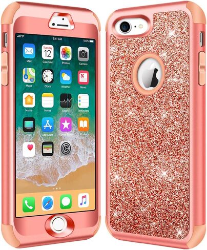 حافظة Hython مصممة لهاتف iPhone 8، وiPhone 7، حافظة حماية شديدة التحمل لكامل الجسم، غطاء صلب متلألئ لامع من المطاط الهجين المقاوم للصدمات لهاتف iPhone 7 وiPhone 8، ذهبي وردي in Saudi Arabia