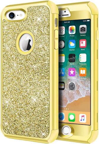 Hython Designed for iPhone 8, iPhone 7 Case, Heavy Duty Full-Body Defender Protective Case Bling Glitter Sparkle Hard Shell Hybrid Shockproof Rubber Bumper Cover, Rose Gold in Saudi Arabia