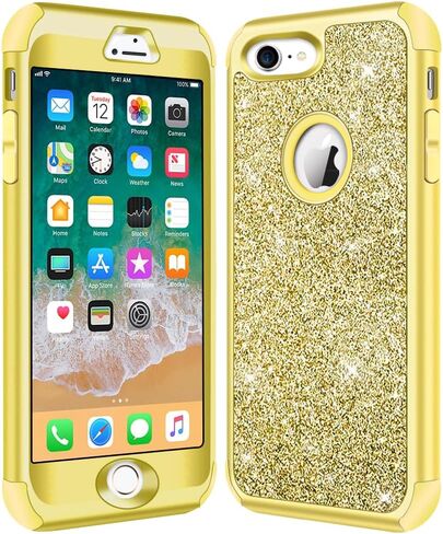 Hython Designed for iPhone 8, iPhone 7 Case, Heavy Duty Full-Body Defender Protective Case Bling Glitter Sparkle Hard Shell Hybrid Shockproof Rubber Bumper Cover, Rose Gold in Saudi Arabia