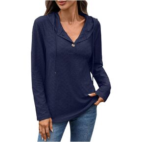 Women's Long Sleeve Hoodies Eyelet Drawstring Pullover Sweatshirts Henley Neck Loose Fit Tops Trendy Soft Hooded