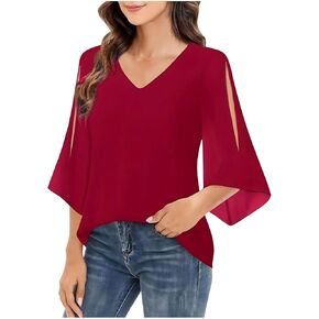 Women 3/4 Sleeve Tops Chiffon V Neck Shirts Cutout Curved Hem Blouses Business Casual Dressy Evening Party Shirts