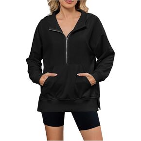 Long Sleeve Hoodies for Women Half Zip Side Slit Sweatshirts with Pocket Solid Color Shirts Lapel Collar Fall Tunic