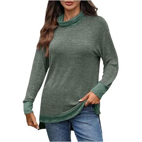 Long Sleeve Tops for Women High Neck Color Block Contrast Shirts Casual Trendy Blouses Loose Fit Pullover Outfits