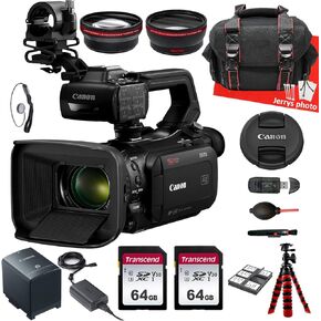 Canon XA70 UHD 4K30 Camcorder with Dual-Pixel Autofocus + AVX Wide Angle and Telephoto Lens + 2PC 64 GB Memory + Spider Tripod + More (18pc Bundle) (Renewed), Black