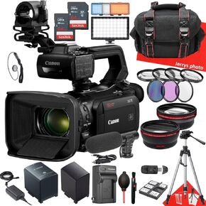 Canon XA75 UHD 4K30 Camcorder with Dual-Pixel Autofocus + 2PC 64 GB Memory + Extra Battery + Filters + Shotgun Video Microphone + LED Light + More (29pc Bundle) (Renewed), Black