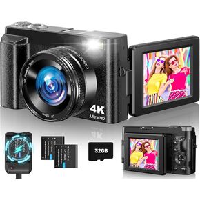 كاميرا رقمية 4K للتصوير الفوتوغرافي ، كاميرا Vlogging 48 ميجابكسل 48 ميجابكسل مع فلاش ، شاشة 3 "180 درجة ، تكبير 16x ، بطاقة 32 جيجابايت وشاحن بطارية ، نقطة وتصوير كاميرا YouTube للمراهقين ، البالغين ، والمبتدئين
