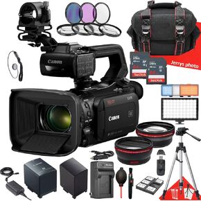 Canon XA70 UHD 4K30 Camcorder with Dual-Pixel Autofocus + 2PC 64 GB Memory + Extra Battery + LED Light + Filters + Tripod + More (28pc Bundle), Black (Renewed)