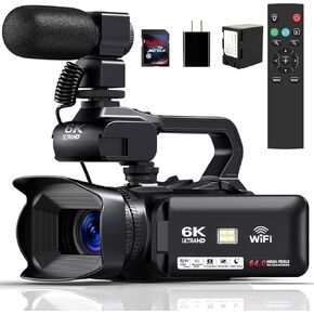 6K Camcorder Video Camera 64MP IR Night Vision Vlogging Camera for YouTube 18X Digital Zoom 4.0 Inch Touch Screen Video Camera with WiFi, Microphone, Remote Control, 64GB SD Card,Stabilizer