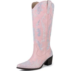 Women's Rhinestone Cowboy Boots Mid Calf Pointed Toe Chunky Heel Sparkly Western Cowgirl Boots with Pull On Tabs