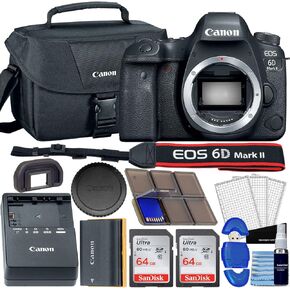 Canon EOS 6D Mark II DSLR Camera Body - WiFi Enabled Black Bundle with 2X 64GB SD Cards, Case + More (Renewed)