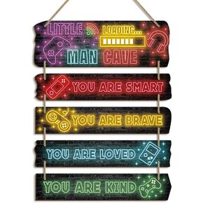 5 Pcs Printed Neon Gaming Decor for Boys Room Wooden Video Game Wall Art Motivational Quote Gamer Hanging Plaques Inspirational Wall Decor for Boys Kids Room Bedroom Playroom Decorations