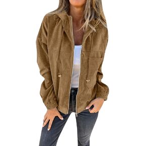 Women's Corduroy Jacket 2024, Casual Zip Up Solid Color Jacket with Pockets, Long Sleeve Hooded Coat