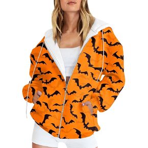 Women's Long Sleeve Trendy Hoodie 2024 Zipper Halloween Pumpkin Printed Coat Casual Slim Pockets Sweatshirt