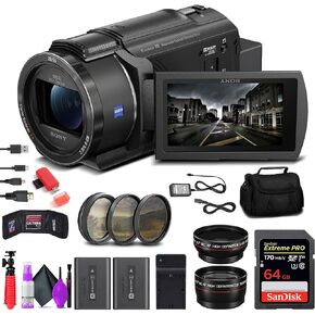 Sony FDR-AX43 UHD 4K Handycam Camcorder (FDRAX43/B) + 64GB Memory Card + NP-FV70 Battery + 3 Piece Filter Kit + Wide Angle Lens + Telephoto Lens + Bag + External Charger + Card Reader - Bundle