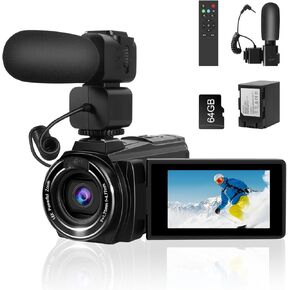 8K Video Camera, 18X Digital Zoom Camcorder 64MP Ultra HD WiFi Vlogging Camera for YouTube, 3.0" Touch Screen Digital Camera with Microphone, Remote Control, 64G SD Card, Rechargeable Battery