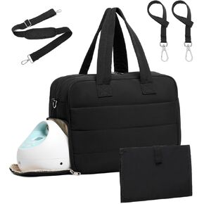 Diaper Bag with Breast Pump Laptop Compartment, Puffer Quilted Tote Bag with Baby Changing Pad Stroller Buckle Straps
