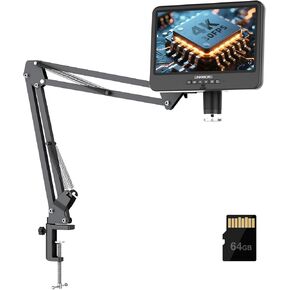 4K 30FPS HDMI 10.1'' Digital Microscope with Screen for Electronics Repair, LM208S-A 4K Soldering Microscope Camera 1500X with Flex Arm Stand, Full View Coins, 3840P Video Audio Record, 64GB