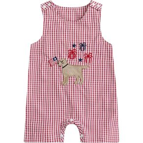 4th of July Baby Boy Outfit Flag Dog Embroidery Romper Plaid Sleeveless Jumpsuit One Piece Memorial Day Clothes