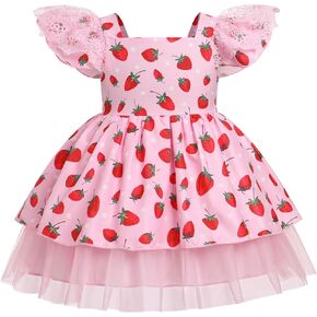 ODASDO Baby Girls Strawberry Dress Toddlers Kids Berry Printed Square Neck Princess Tutu Dresses for Birthday Party Pageant
