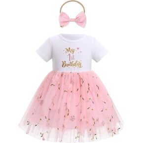 ODASDO Baby Girls First Birthday Outfit Cotton Short Sleeve Tulle Tutu Princess Dress with Bowknot Headband Set