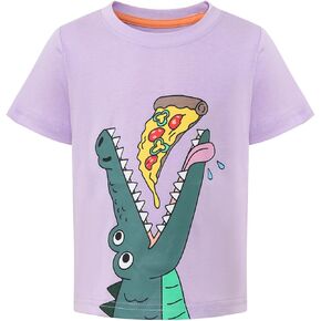 Cute Alligator Eating Pizza Print Toddler Girls Short Sleeve T-Shirt Soft Purple Cotton Tee 2-6 Years