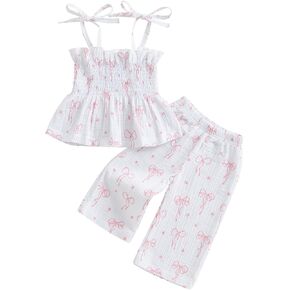 Lefyira Crochet Toddler Clothes Girl Camisole Outfit Smocked Ruffle Crop Top and Linen Pants Crocheted Baby Summer Clothes