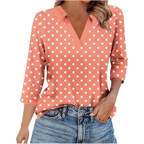 Womens Tops 3/4 Length Sleeve V Neck Polka Dots Lapel Loose Fit Casual Work Dressy Tunic Fall Classic Blouses