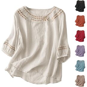 Linen Shirts for Women Summer Retro Embroidered 3/4 Sleeve Boho Tops Dressy Casual Blouses 2025 Teacher Loose Tunics