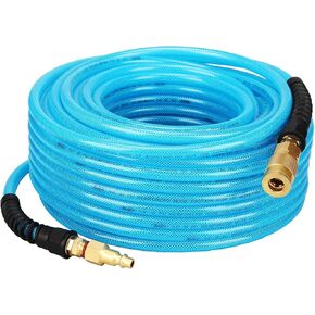 Reinforced Polyurethane Air Hose, 1/4 Inch ID By 25 Feet Long Air Compressor Hose with Repairable Swivel Solid Brass 1/4" Industrial Quick Coupler and Plug, 300 PSI Maximum Pressure, Blue