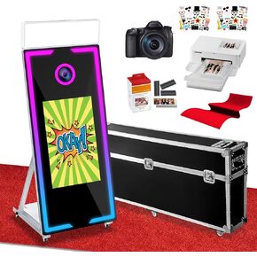 Magic Mirror Photo Booth 65" with Camera and Printer, 43" Touch Screen Selfie Mirror Photo Booth Machine with Flight Case App Remote Ring Light for Event Rental Wedding Party (65-43in Black)