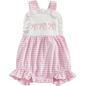 Newborn Baby Girl Bow Romper Striped Sleeveless Backless Overall Lace Trim Ruffle Bodysuit Clothes for Summer