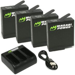 بطارية Wasabi Power (4 حزم) وشاحن ثلاثي متوافق مع GoPro Hero 7 ، Hero 6 ، Hero 5