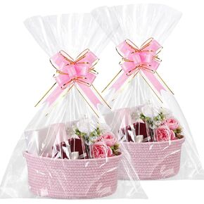 Colingmill 2 Pack Empty Gift Basket with Handles with Gift Bags Ribbons Woven Baskets Storage Empty Chest Box for Birthday Shower Day or Summer Wedding Presents Package(Light Pink)