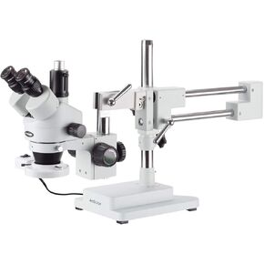 AmScope SM-4T-FRL Professional Trinocular Stereo Zoom Microscope, WH10x Eyepieces, 7X-45X Magnification, 0.7X-4.5X Zoom Objective, 8W Fluorescent Ring Light, Double-Arm Boom Stand, 110V-120V