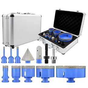Diamond Tile Hole Saw Kit - 12Pcs 1/4'' X 2, 5/16'', 4/5'', 1-3/8'', 2'', 2-1/2'', 4'' Drill Bits, 4/5'' Finger Bit, 2'' Beveling Chamfer Bit, 2pcs Adapters for Porcelain Tile Ceramic Granite Marble