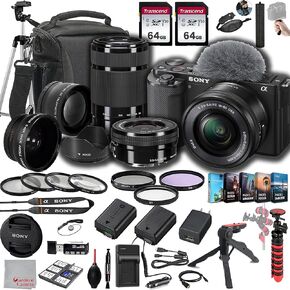 Sony ZV-E10 Mirrorless Camera with 16-50mm + 55-210mm Lenses, 128GB Memory,.43 Wide Angle & 2X Lenses, Case. Tripod, Filters, Hood, Grip,Spare Battery & Charger, Software Kit -Deluxe Bundle