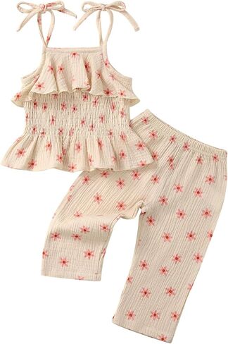 Toddler Infant Girls Clothes Solid Color Sleeveless Ruffle Halter Tops Camisole Linen Pants Set Baby Summer Outfits in Saudi Arabia