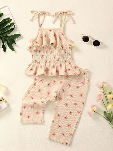 Toddler Infant Girls Clothes Solid Color Sleeveless Ruffle Halter Tops Camisole Linen Pants Set Baby Summer Outfits in Saudi Arabia