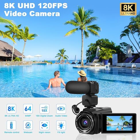 8K Video Camera, 18X Digital Zoom Camcorder 64MP Ultra HD WiFi Vlogging Camera for YouTube, 3.0" Touch Screen Digital Camera with Microphone, Remote Control, 64G SD Card, Rechargeable Battery in Saudi Arabia